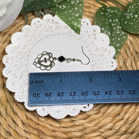 Graceful Filigree Heart Silver Cross Dangle Earrings - Picture 6 of 10